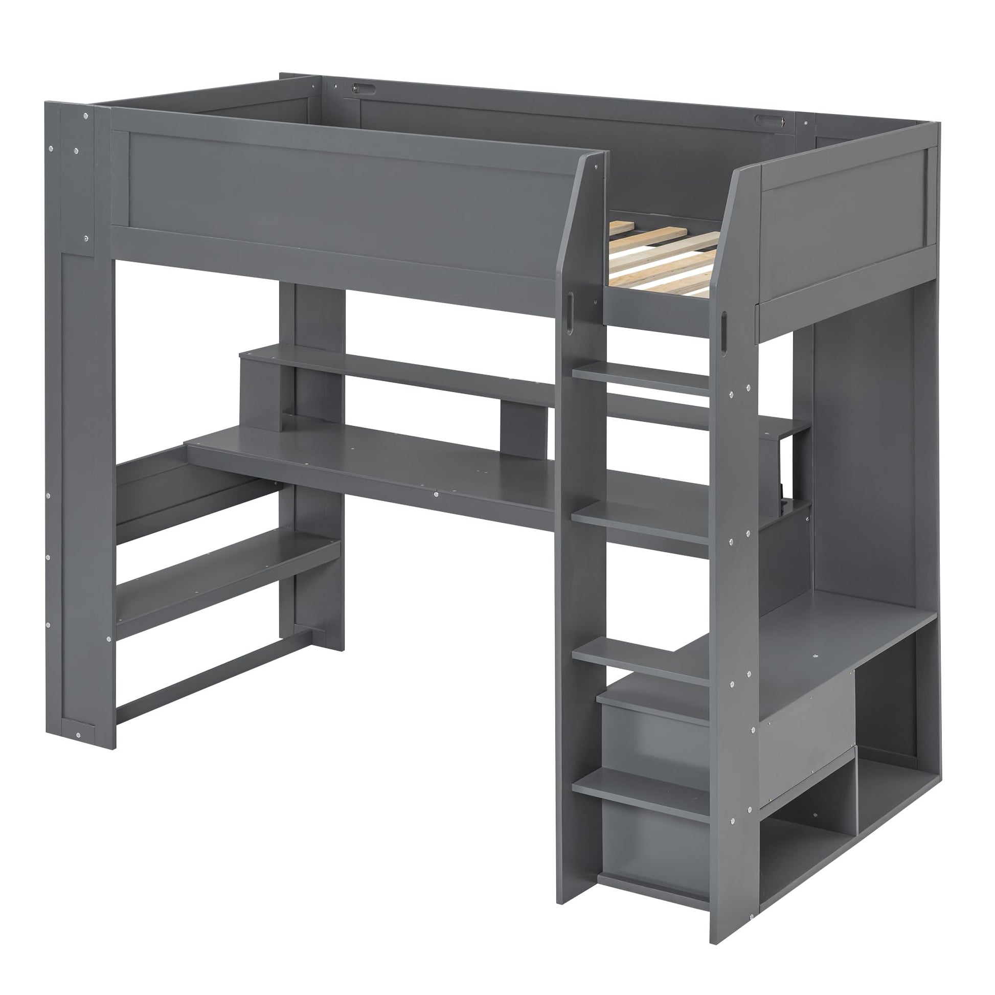 RuiSiSi Twin Size Dark Grey Gaming Loft Bed with Desk, LED Lights & Storage Solutions - WoodArtSupply