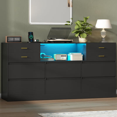Gyfimoie 10 Drawers Dresser, LED Dressers & Chests of Drawers with Power Outlet, 58" Wide Long Dresser for Bedroom, Modern TV Stand with 1 Open Storage Cubbies (Black)