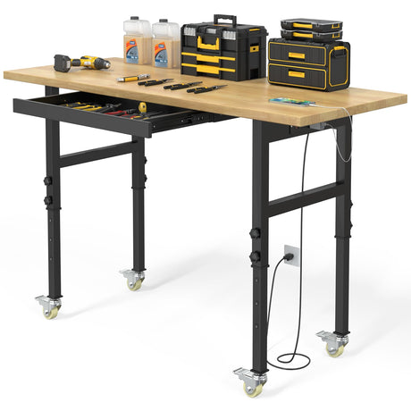 Granper 60" Heavy Duty Work Bench, Height Adjustable Work Benches for Garage, Wood Top Workbench with Drawers, Work Table for Garage, Warehouse, Workshop(Drawer & Wheels & Power Supply) Granper