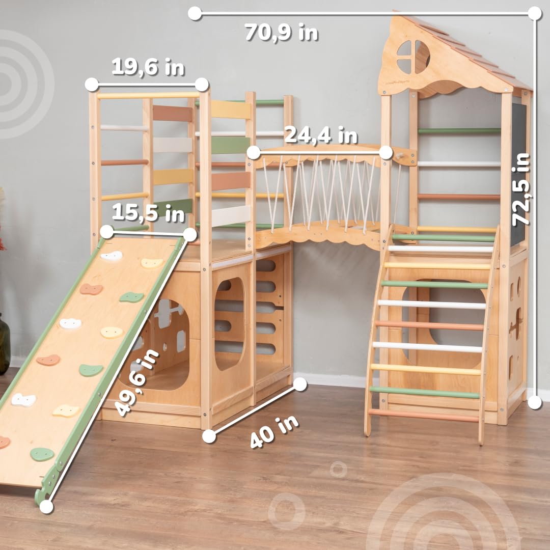 Woodandhearts Toddler Indoor Playground, Indoor Playground for Kids, Jungle Gym for Kids Ages 2-6, Kids Playground Wooden Jungle Gym, Baby Playground Indoor, Toddler Slide playset Wood And Hearts