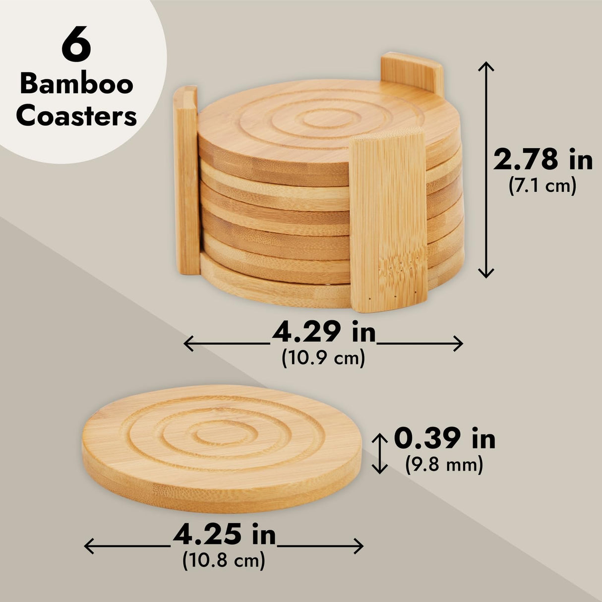 Juvale Set of 6 Bamboo Wood Coasters with Holder for Coffee Table, Hot Drinks, Beverages, Housewarming Gift (4.3 in) Juvale