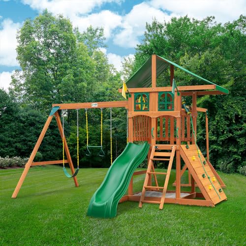 Gorilla Playsets 01-1083 Avalon Treehouse Wooden Swing Set with Oversized Green Vinyl Canopy Roof, Monkey Bars, Climbing Wall, Ladder, Swings and Slide - WoodArtSupply