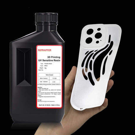 RepRapper Flexible Tough (Shore 80A) 3D Printer Resin, Soft Rubber/TPU Like 3D Printing Resin, High Elongation 405nm Fast UV-Curing Photopolymer Resin for LCD Printer, White 1000g RepRapper