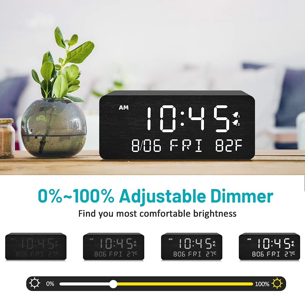 Andoolex Wooden Digital Alarm Clock with Wireless Charging, 0-100% Adjustable Brightness Dimmer and Alarm Volume, Weekday/Weekend Mode, Dual Alarm, Snooze, 12/24H, Wood LED Clock for Bedroom (Black) Andoolex