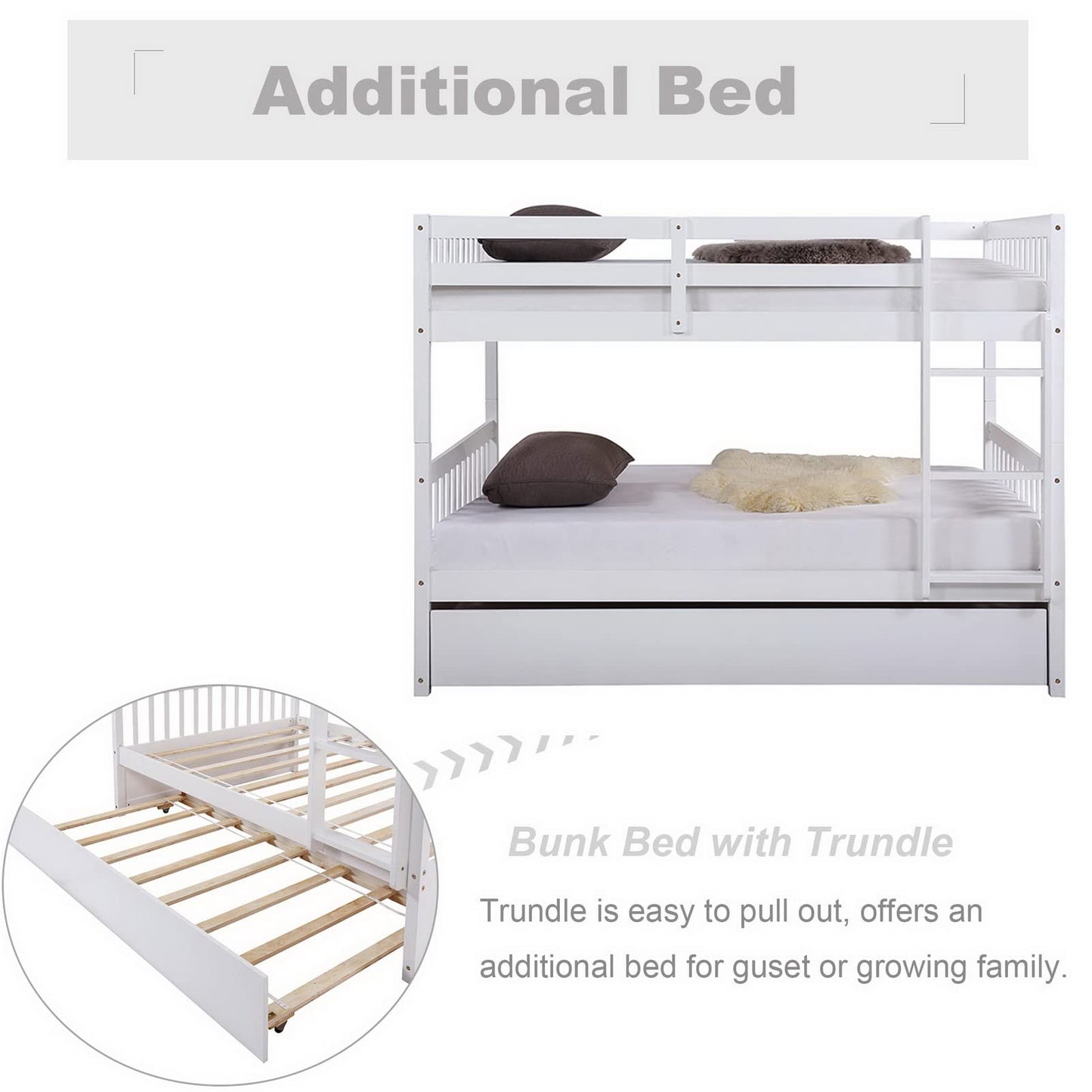 WIILAYOK Full Over Full Bunk Bed with Trundle, Convertible to 2 Full Size Platform Bed, Full Size Bunk Bed with Ladder and Safety Rails for Teens, Adults, White