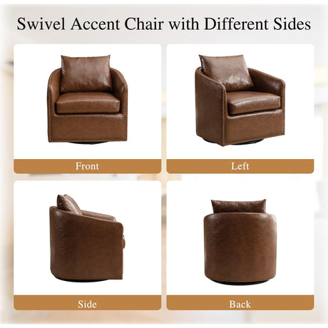 HAOMARKETS 360 Degree Swivel Barrel Chair with Plump Back Pillow, Waterproof Oil Waxed PU Leather Swivel Armchair with Rivets, Comfy Vintage Round Accent Chair for Living Room HAOMARKETS