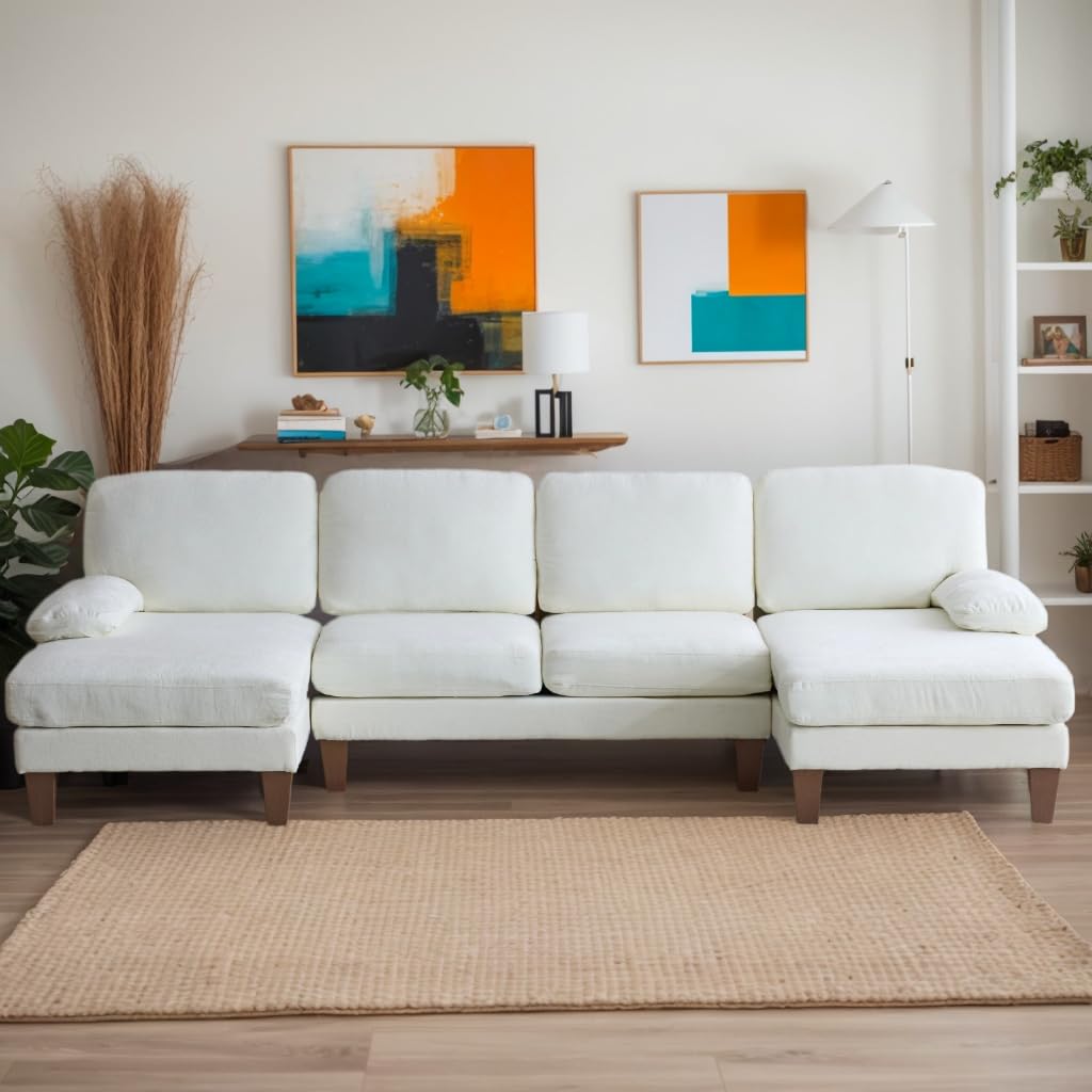 Karl home U-Shape Sectional Sofa Couch 111" Modern 4-Seat Sofa with Chaises Chenille Fabric Upholstered Covertible Couch with Wood Grain Legs for Living Room, Reception Room, Apartment, Beige Karl home