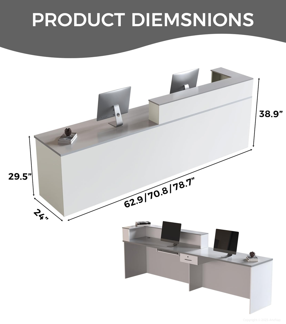 Anzhap L-Shaped Reception Desk with Counter, Front Desk Reception Counter with Drawer, Keyboard Tray & Cable Box for Office, Salon, Lobby, Checkout, Retail(White + Grey/Left, 63" L * 24" W * 39" H) Anzhap