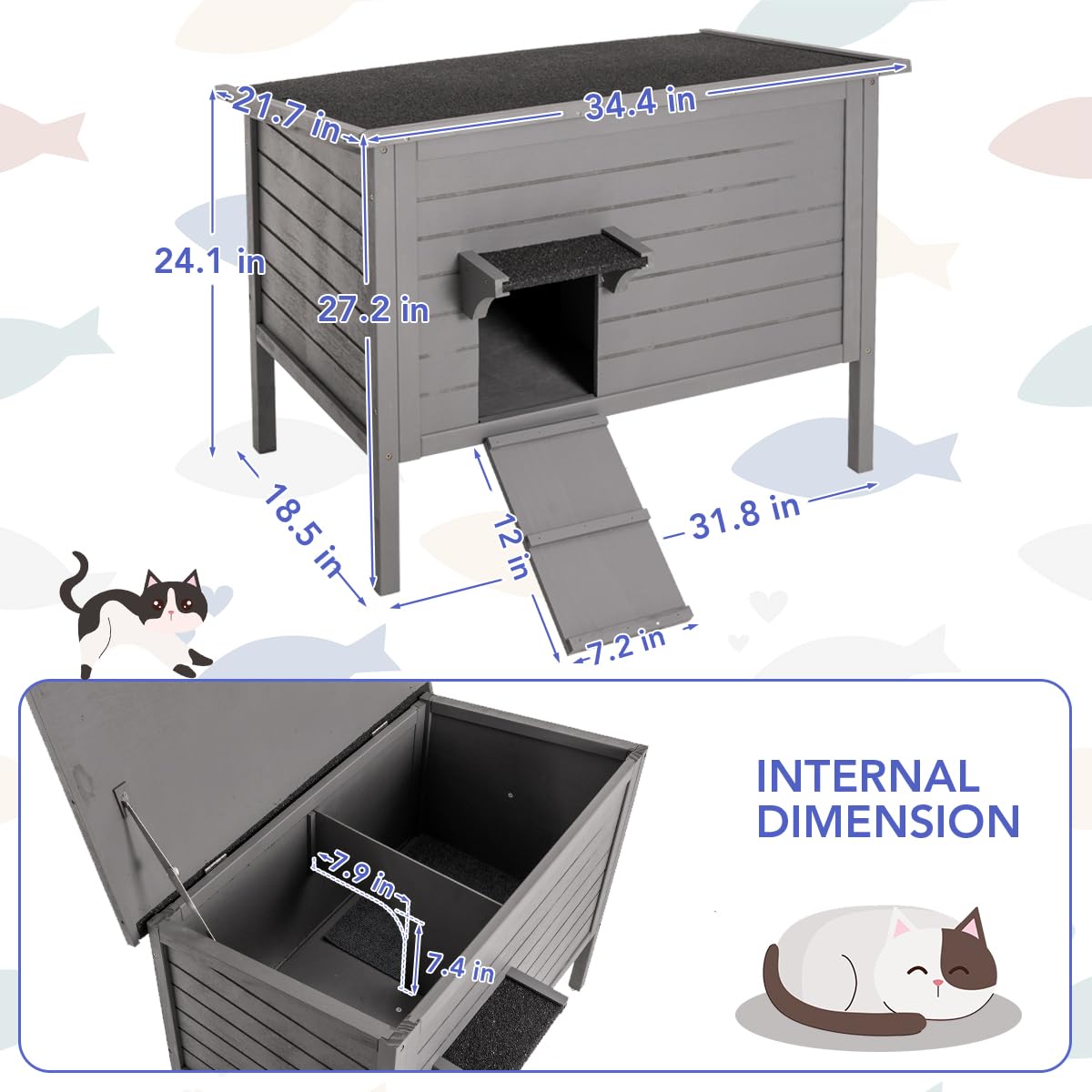 WAYTRIM Outdoor Cat House, Large Feral Outdoor Cat Shelter Insulated Weatherproof with Mat and Hidden Stair All-Round Wood for Multiple Cats 34.5" L*21.5" W*27.2" H - WoodArtSupply