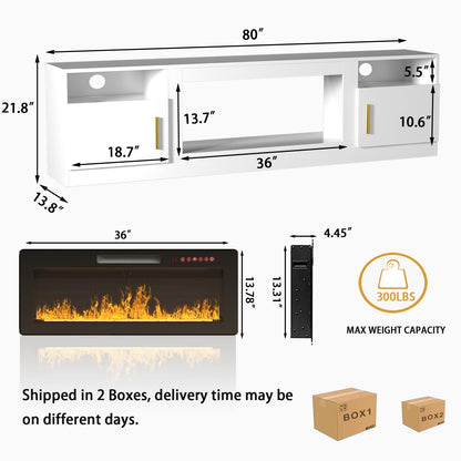 VENDORZ TV Stand with Fireplace, 36" Fireplace TV Stand LED Entertainment Center with Fireplace, 80 Inch Modern Electric Fireplace TV Stand for Living Room, White TV Stand with Fireplace Up to 90" TVs