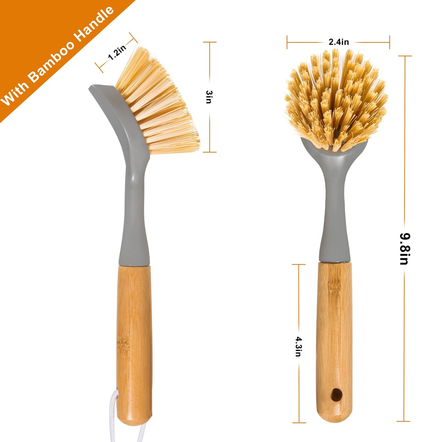 FunCee 2 Pack Kitchen Dish Brushes with Bamboo Handle, Dish Scrubber Built-in Scraper, Scrub Brush for Pans, Pots, Counter & Kitchen Sink Cleaning, Dishwashing and Cleaning Brush Tools, White