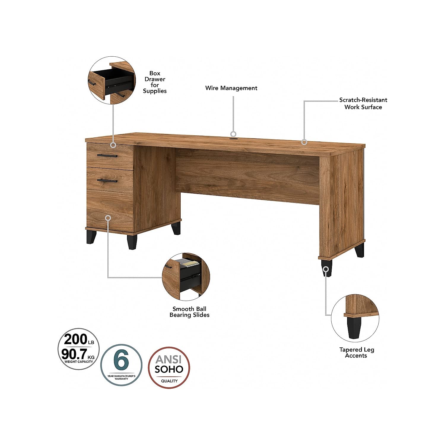 Bush Furniture Somerset Computer Drawers | Office Home Workspace | Large Desk, 72W, Fresh Walnut - WoodArtSupply