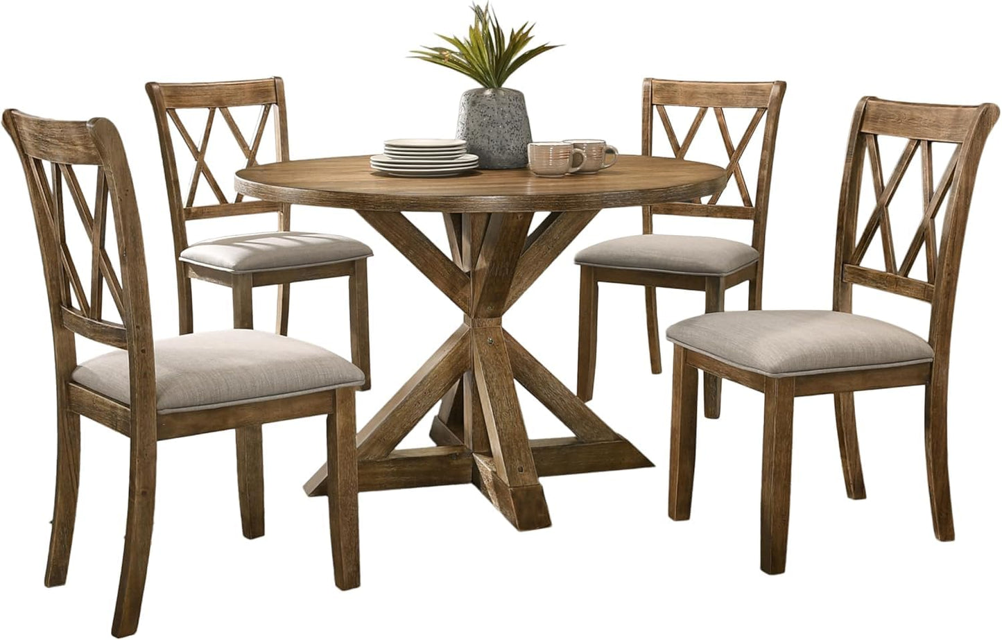 JURMALYN 48" Round Dining Table Set for 4, 5-Piece Wooden Kitchen Table Farmhouse Rustic Circle Dining Table Set of 5 with Upholstered Dining Chairs for Living Room Furniture (Natural, 31.5"  - WoodArtSupply