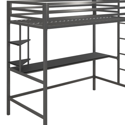 Novogratz Maxwell Grey Metal Twin Loft Bed with Integrated Desk & Shelves - WoodArtSupply