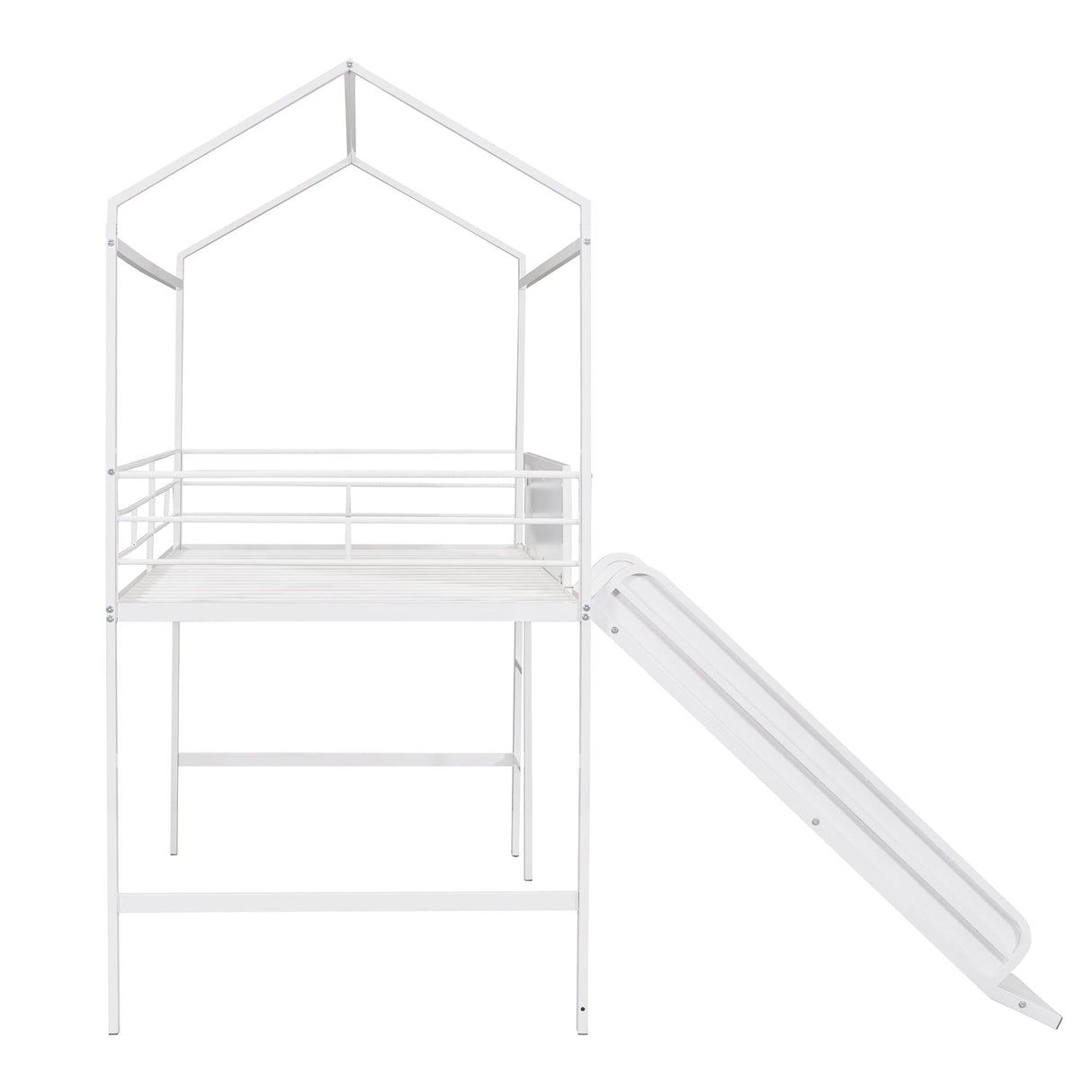 Twin House Loft Beds with Slide and Chalkboard, Low Loft Bed Twin Size, Metal House Bed with Guardrail and Ladder, Metal Twin Size Loft Bed for Kids Teens Girls Boys (Twin, White) Harper & Bright Designs
