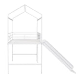Twin House Loft Beds with Slide and Chalkboard, Low Loft Bed Twin Size, Metal House Bed with Guardrail and Ladder, Metal Twin Size Loft Bed for Kids Teens Girls Boys (Twin, White) Harper & Bright Designs