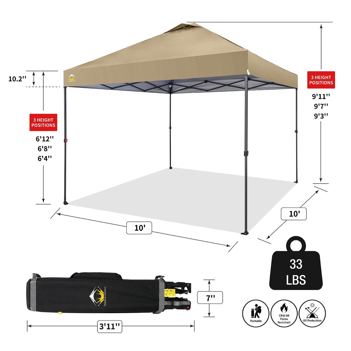 CROWN SHADES 10x10 Pop Up Canopy - Beach Tent with One Push Setup - Outdoor Canopy Tent with STO-N-Go Cover Bag for Events, Parties, Silver Coated Top, 3 Height & 4 Sand Bags,Khaki CROWN SHADES