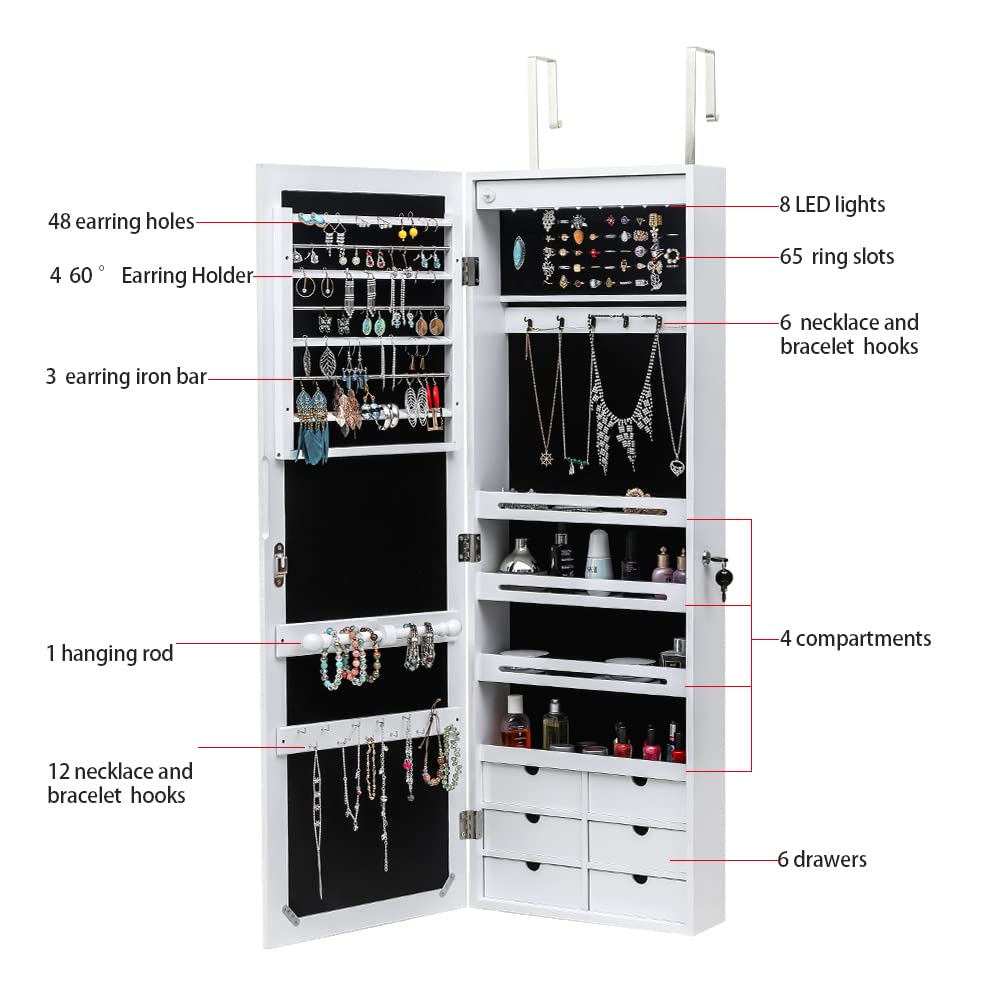 Full Length Mirror Jewelry Cabinet - 4-Layer Shelf Wall Mounted Jewelry Organizer with 8 LED Lights - Jewelry Armoire with Mirror And 6 Drawers - Wall and Door Hanging Jewelry Organizer - Whi - WoodArtSupply