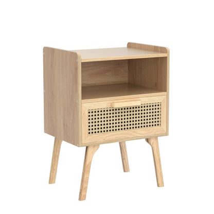 Lerliuo Rattan Nightstand, Boho Side Table with Drawer Open Shelf, Cane Accent Bedside End Table with Solid Wood Legs for Bedroom, Dorm and Small Spaces (Natural)