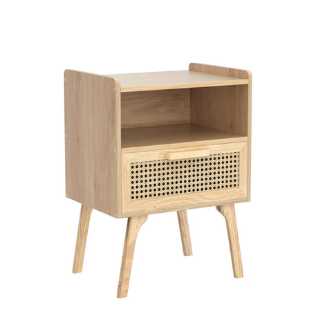 Lerliuo Rattan Nightstand, Boho Side Table with Drawer Open Shelf, Cane Accent Bedside End Table with Solid Wood Legs for Bedroom, Dorm and Small Spaces (Natural) Lerliuo