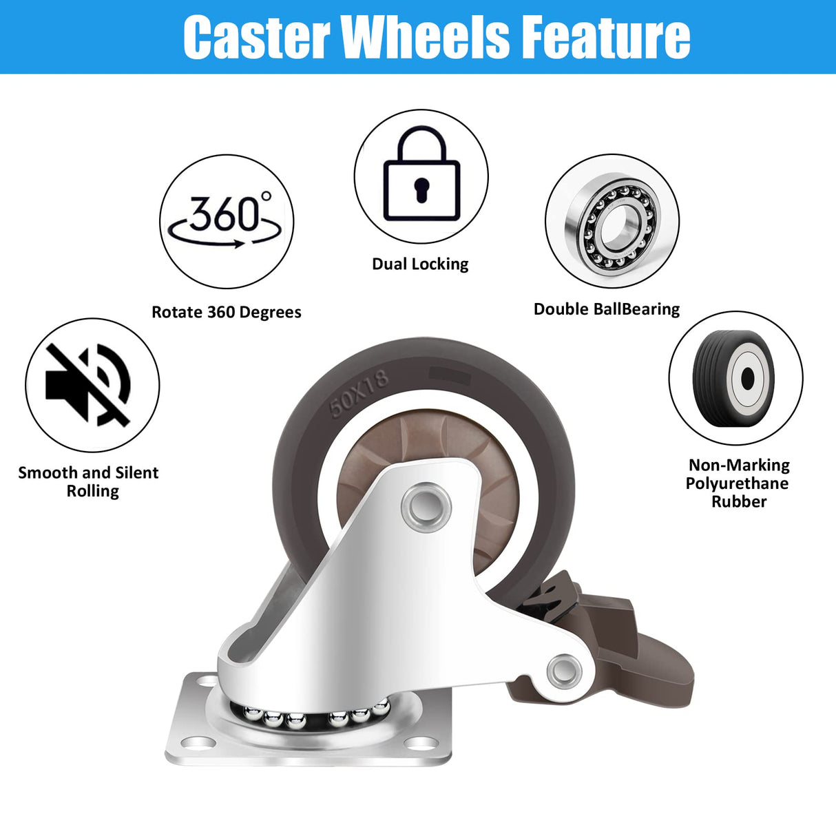 Nefish 2 Inch Swivel Caster Wheels for Furniture Rubber Casters Set of 4 Heavy Duty of 600 Lbs No Noise Locking Plate Castors Safe for Hardwood Floor & Carpet (2 with Brake and 2 Without) Nefish