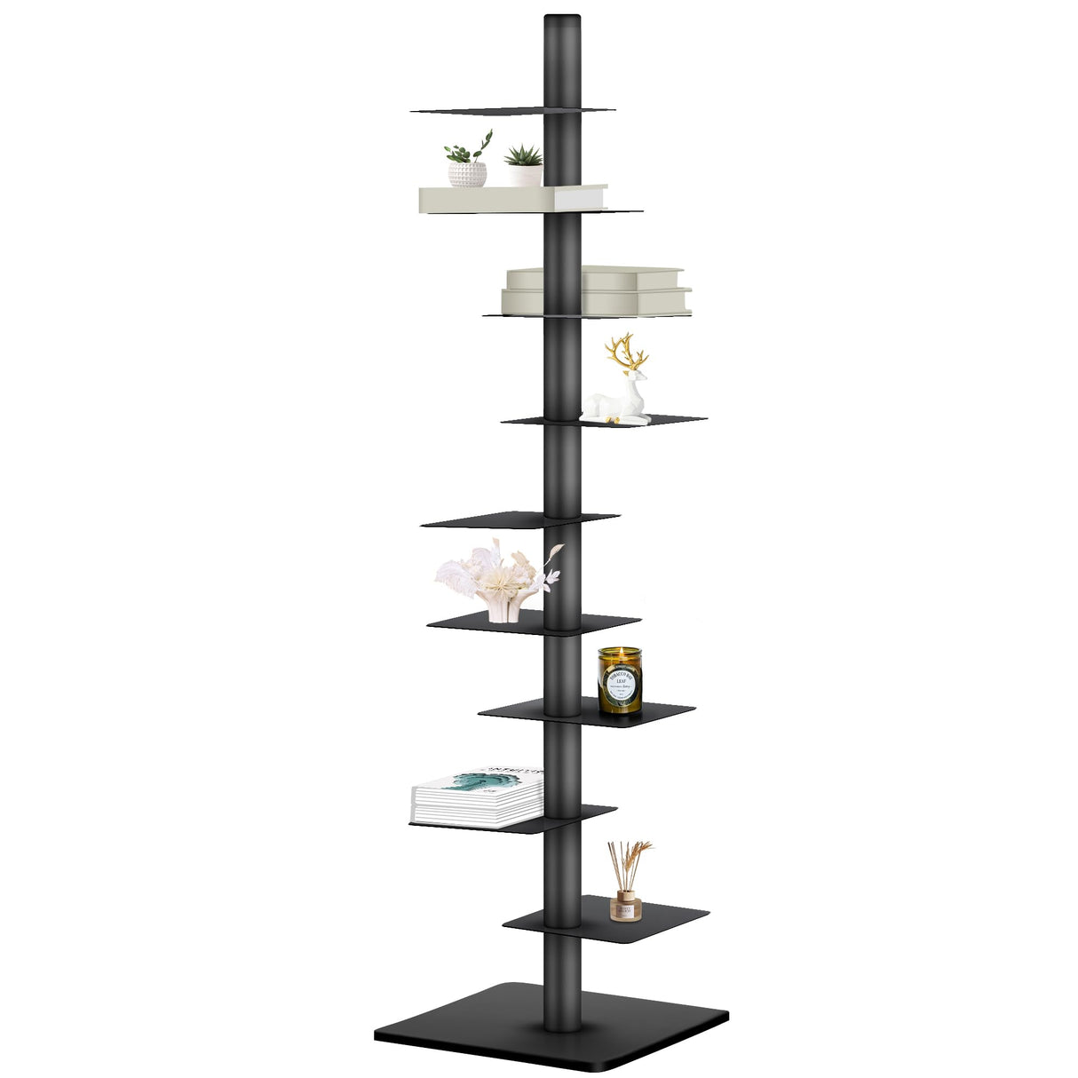 9 Tier Metal Vertical Bookshelf Tower, Freestanding Invisible Spine Bookshelf, Tall Ladder Bookcase Floating Shelf for Small Spaces, Modern Storage Corner Shelf for Living Room, Office, Bedroom Decor GENMOUS & CO.