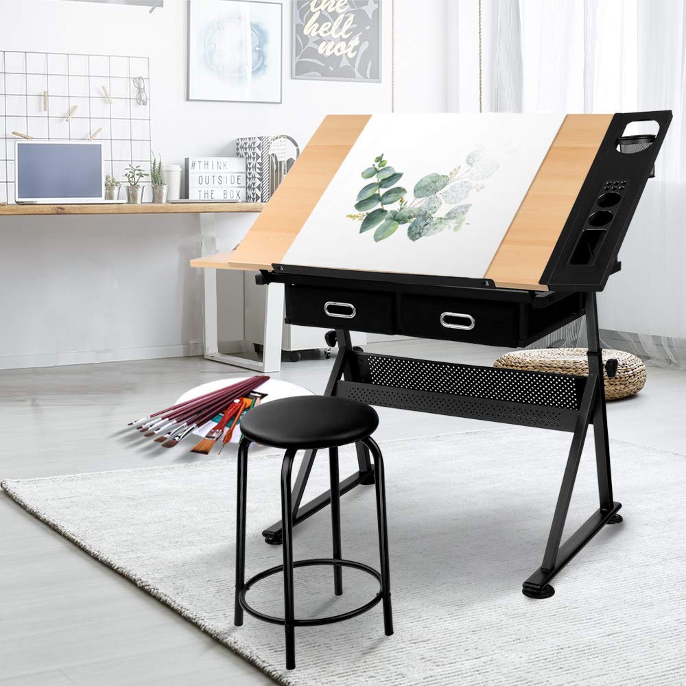 Drawing Table Stool Set Artiss Ajustable Metal Base Art & Craft Drafting Desk Table Art/Workstation with Removable Side Tray Drawers for Student Adults Artiss