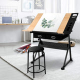 Drawing Table Stool Set Artiss Ajustable Metal Base Art & Craft Drafting Desk Table Art/Workstation with Removable Side Tray Drawers for Student Adults Artiss