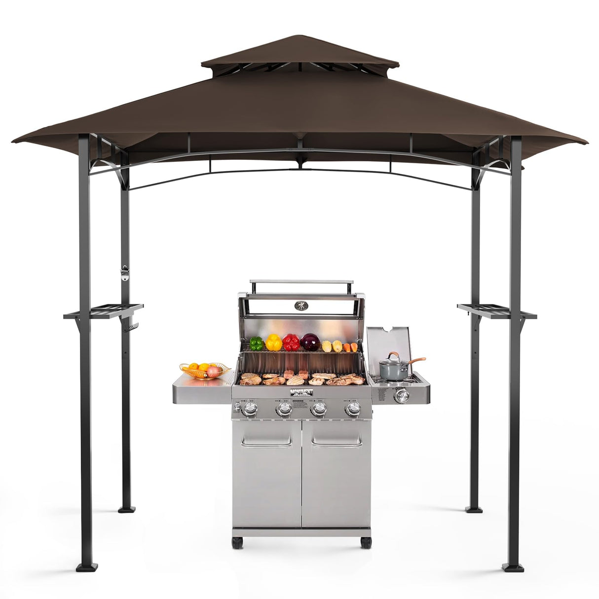 Patiomore Grill Gazebo Canopy, 8'x 5'Outdoor Double Tiered BBQ Gazebo Canopy Tent w/Air Vent, Tent Hardtop Sun Shade Shelter for Outdoor Patio, Backyard, Deck (Brown) Patiomore