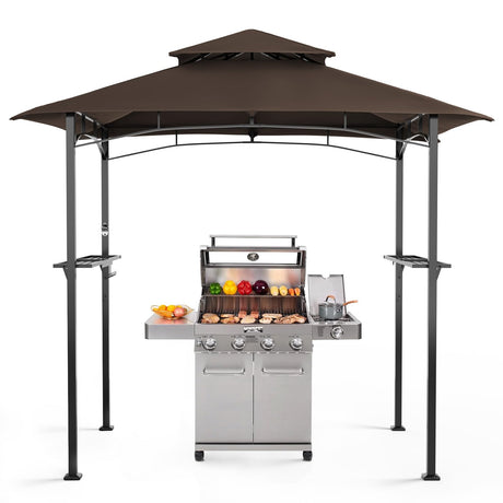 Patiomore Grill Gazebo Canopy, 8'x 5'Outdoor Double Tiered BBQ Gazebo Canopy Tent w/Air Vent, Tent Hardtop Sun Shade Shelter for Outdoor Patio, Backyard, Deck (Brown) Patiomore