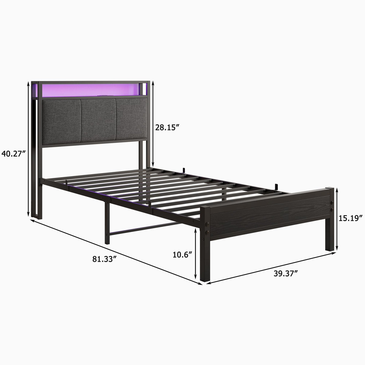 VECOCHO Twin Bed Frame with Charging Station and LED Lights,Upholstered Headboard with Storage Shelves,Heavy Duty Metal Slats, No Box Spring Needed,Noise Free, Easy Assembly,Black and Dark Grey VECOCHO