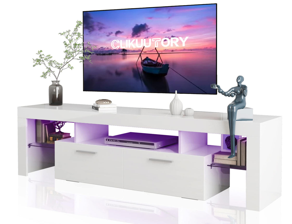 Clikuutory Modern LED 63 inch Long TV Stand with Large Storage Drawer for 50 55 60 65 70 75 Inch TVs, White Wood TV Console with High Glossy Entertainment Center for Living Room, Bedroom, White Clikuutory