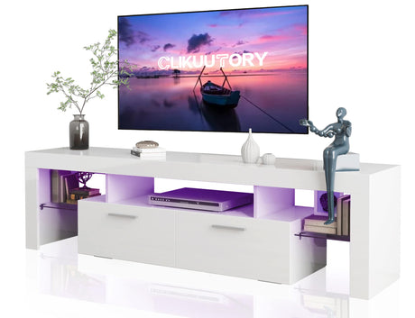 Clikuutory Modern LED 63 inch Long TV Stand with Large Storage Drawer for 50 55 60 65 70 75 Inch TVs, White Wood TV Console with High Glossy Entertainment Center for Living Room, Bedroom, White Clikuutory