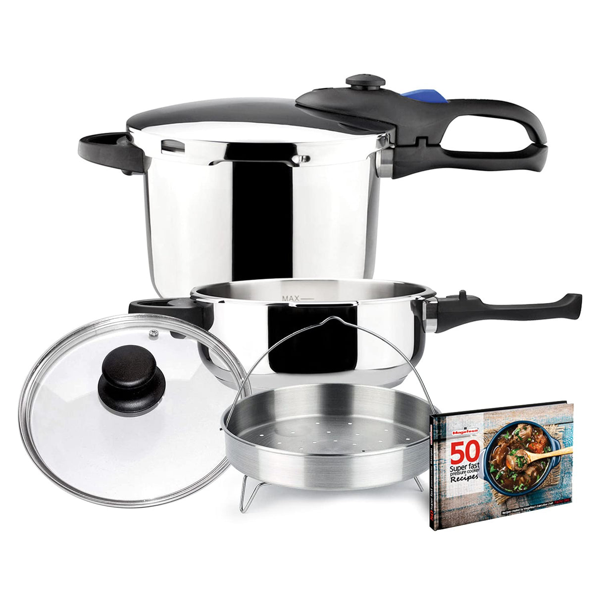 Magefesa® Favorit Six Super-Fast pressure cooker, 3.2 + 6.3 Quart, stainless steel, suitable induction, heat diffuser bottom, 5 safety systems SPECIAL EDITION (Steam basquet + Lid + Recipe book) MAGEFESA