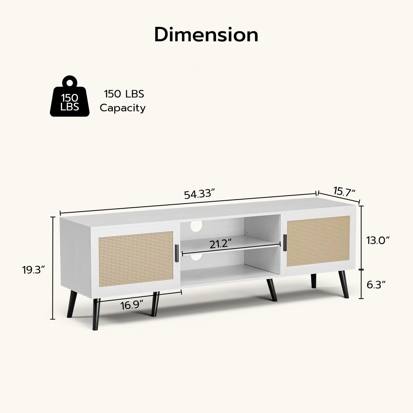 ZttRiee TV Stand for TVs up to 65'', Mid Century Modern Entertainment Center with Rattan Door, Shelves & 2 Cabinets, Boho Media TV Console for Living Room, Bedroom, White