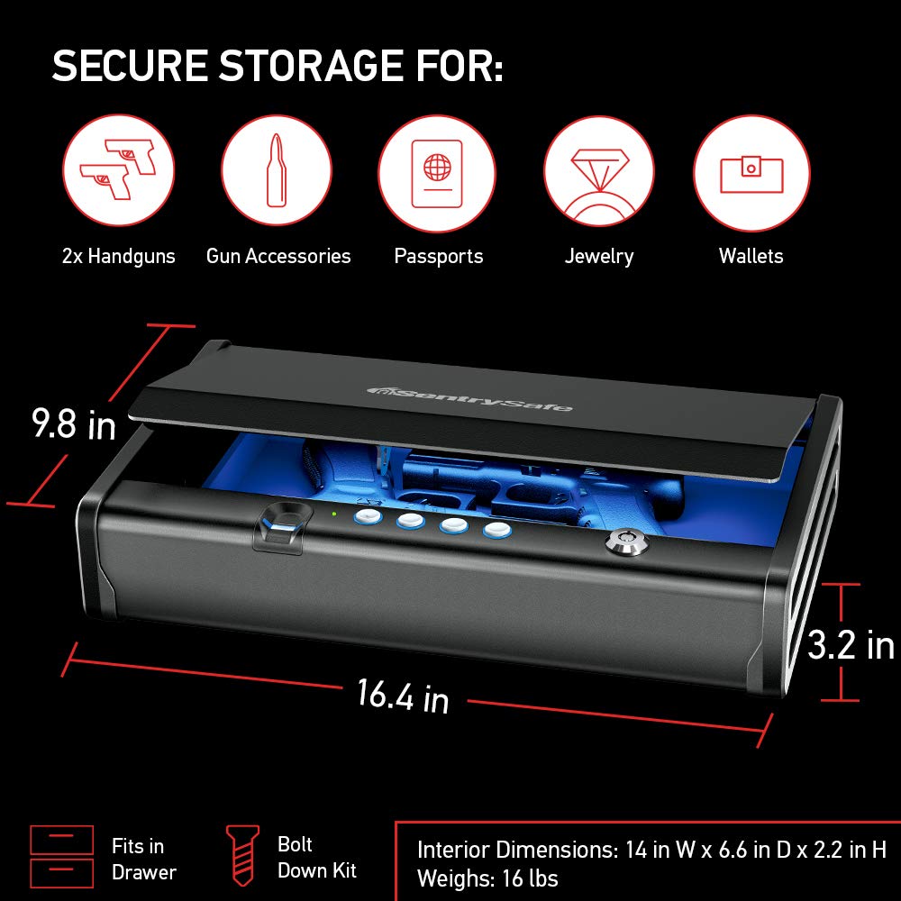 SentrySafe Biometric Gun Safe for Handguns, Fingerprint Gun Safe with Interior Light, 2 Handgun Capacity, Firearm Storage with Bolt Down Kit, QAP2BLX