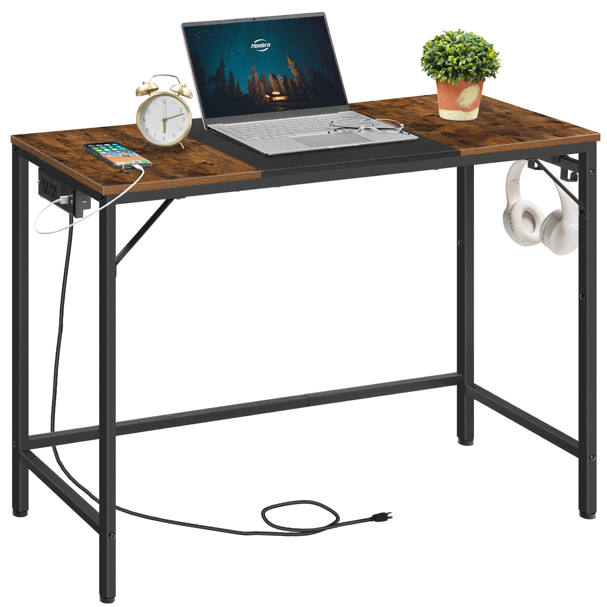 HOOBRO Computer Desk, Home Office Desk with Power Outlet, Modern Study Writing Desk with 3 Hooks for Study Room, Home Office, Sturdy and Stable, Easy to Assemble, Rustic Brown and Black BF41UDN01 HOOBRO