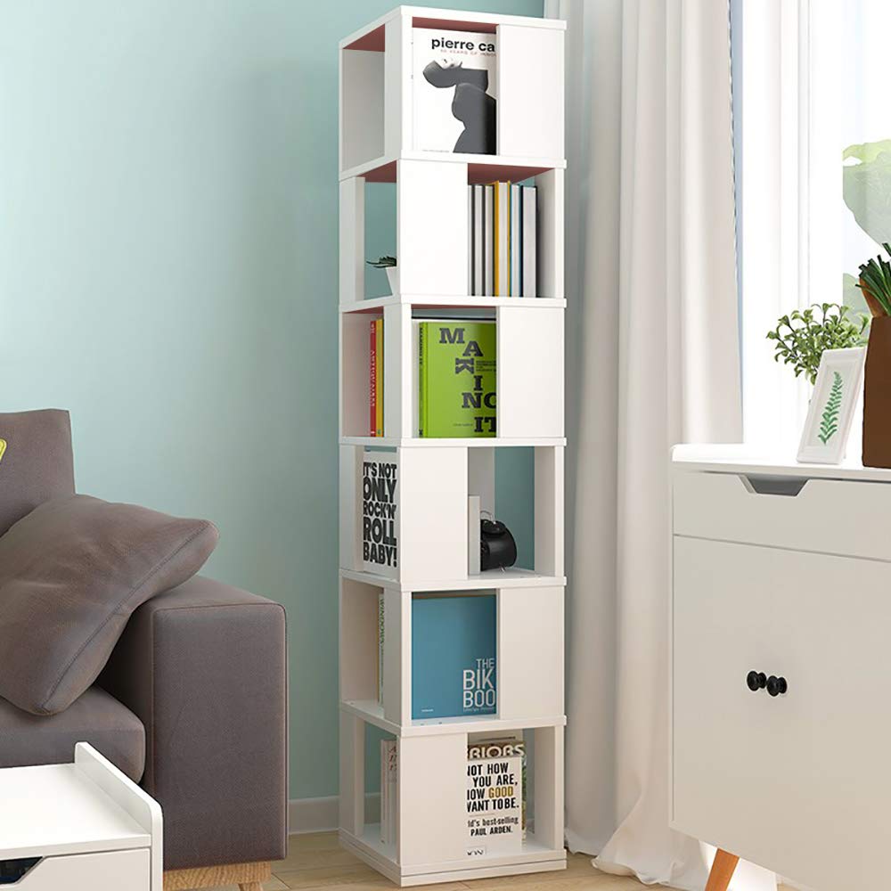 Modern 6-Tier Rotating Wooden Bookcase in White – Stylish Corner Storage Display Rack QIHANG-US