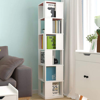 Modern 6-Tier Rotating Wooden Bookcase in White – Stylish Corner Storage Display Rack