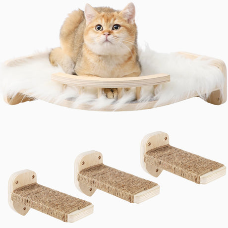COOLEX Cat Wall Shelves - 3 Steps Scratch Post & Hammock Bed with Plush Cover, Climbing Shelf for Indoor Cats (Wood) COOLEX