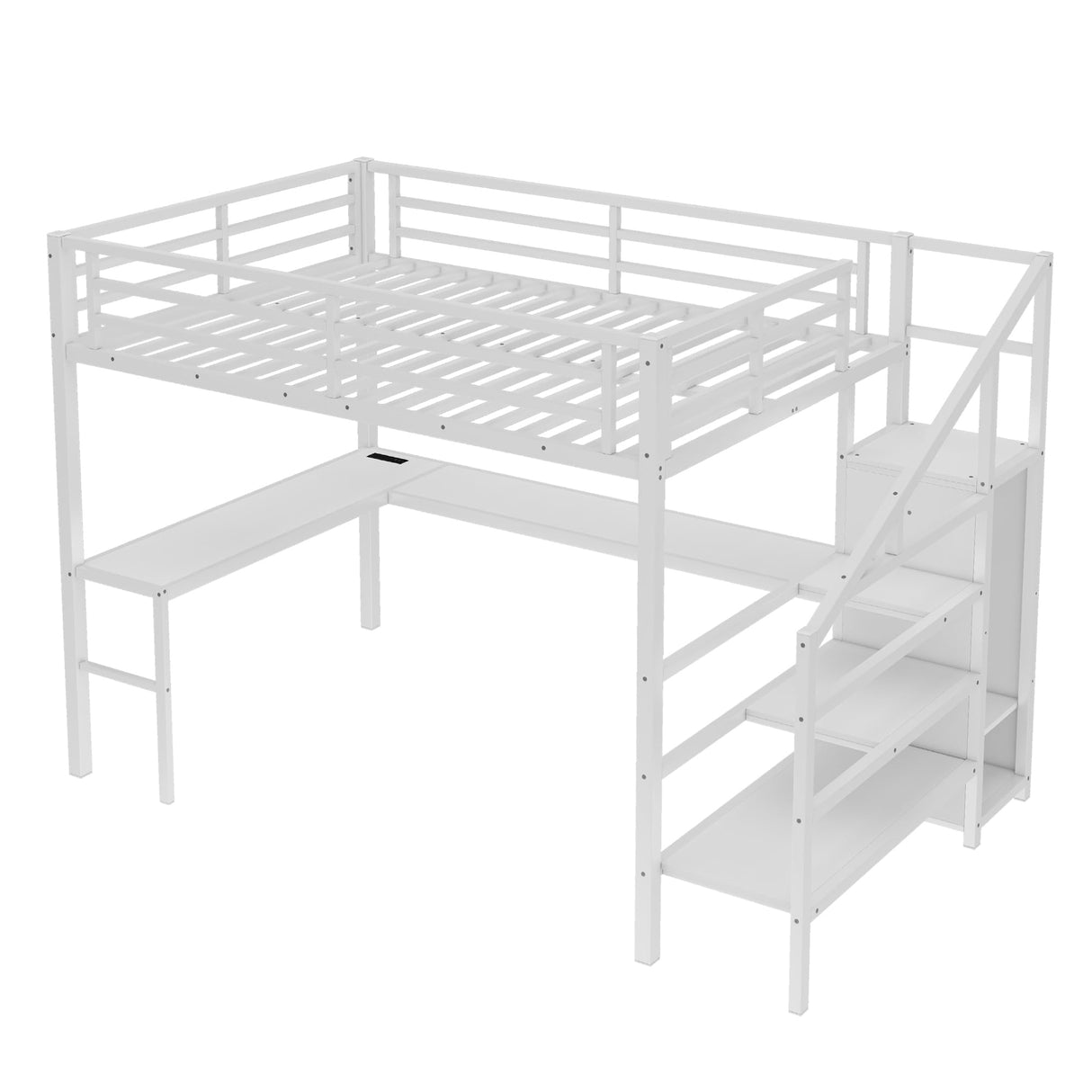 Bellemave Queen Loft Bed with Desk & Wardrobe, Heavy Duty Metal Loft Beds with Storage Stairs, LED Loft Bed Queen Size with Charging Station & Safety Guardrails, No Box Spring Needed, White Bellemave