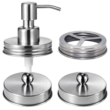 Komashr Mason Jar Bathroom Accessories Lids Set(4pcs) -Jars Not Included -Soap Dispenser,Toothbrush Holder,and Apothecary Jars Lids for Regular Mouth Mason Jars -Rustic Farmhouse Decor, Brushed Nickel Komashr