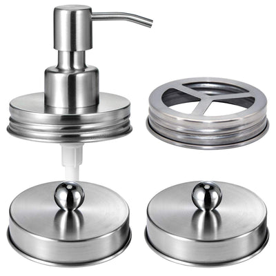 Komashr Mason Jar Bathroom Accessories Lids Set(4pcs) -Jars Not Included -Soap Dispenser,Toothbrush Holder,and Apothecary Jars Lids for Regular Mouth Mason Jars -Rustic Farmhouse Decor, Brushed Nickel