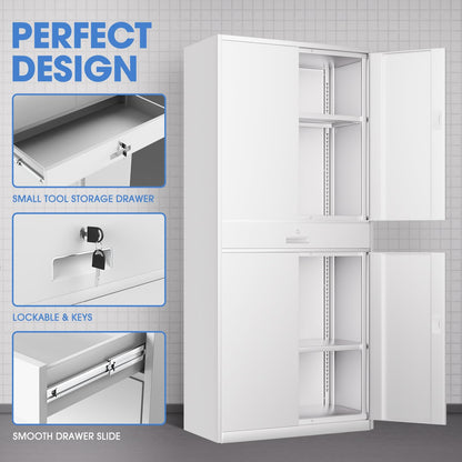 DNA MOTORING Metal Storage Cabinet, 71'' Rolling Garage Cabinet with 1 Drawer and Adjustable Shelves, Lockable Cabinet Heavy Duty Utility Cabinet for Garage,Office,Home,Gym, White, TOOLS-00629-WH-WH