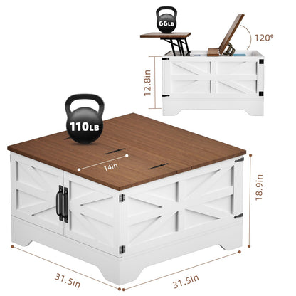 Farmhouse Coffee Table with Storage, Square Lift Top Coffee Table with LED light for Living Room,Small Modern Center Table with Wood Top and Barn Door for Small Space Bedroom Home Office(Whit - WoodArtSupply