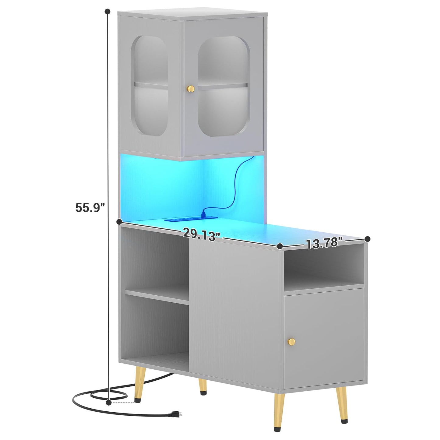 Cyclysio Corner Cabinet with LED Lights, Reversible Storage Cabinet with Power Outlets, Corner Storage Cabinet with Doors for Living Room, Bedroom, Grey