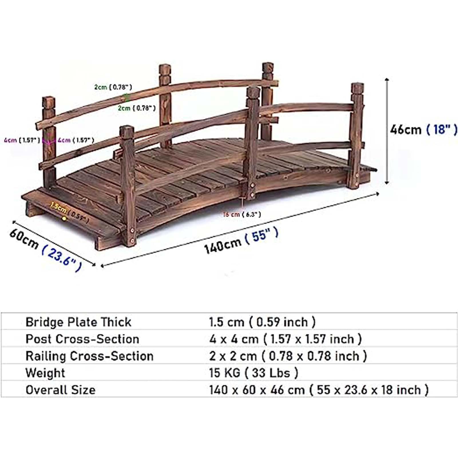 5 FT Wooden Garden Bridge, Classic Wood Arc Footbridge w/Safety Rails & 400 lbs Capacity, Decorative Pond Bridge for Outdoor Garden Yard Back Yard Creek Farm - WoodArtSupply