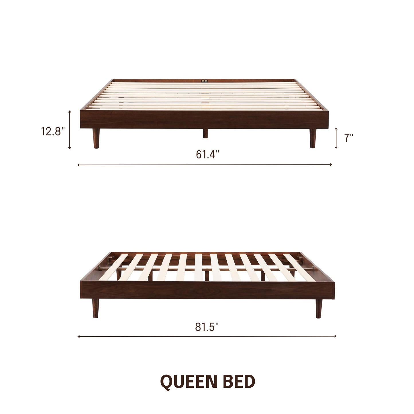 NTC Fly Dark Walnut Wooden Bed Frame Without Headboard - Effortless Assembly, Silent Slats, 1000 Lb Capacity, Queen Size - WoodArtSupply