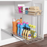 OCG Under Sink Cabinet Organizer Two Tier Pull Out Shelf (14.75W x 21D), Under Sink Sliding Shelf for Kitchen Bathroom Cabinet 2 Tier Chrome OCG