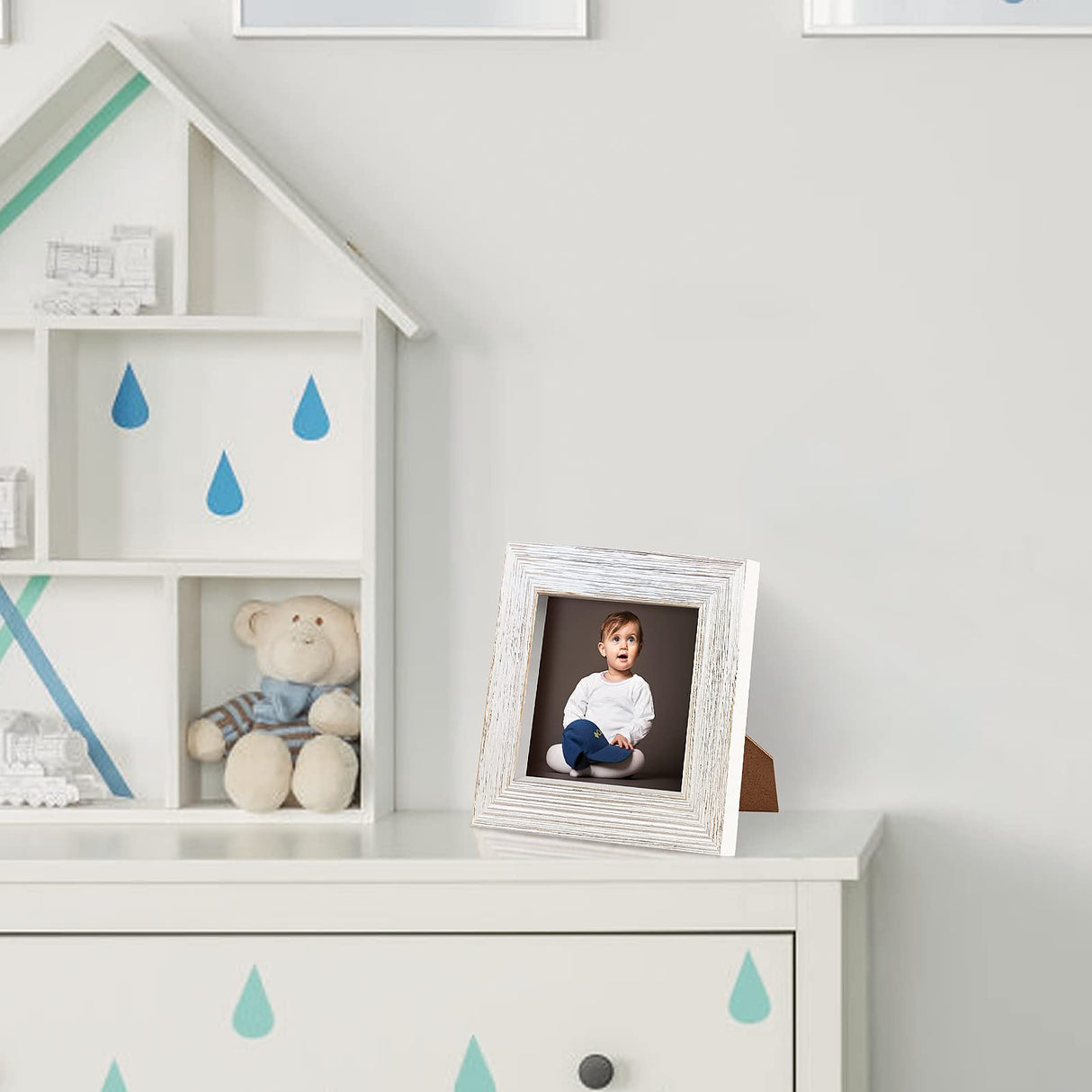 4x4 Picture Frame Square Wood Distressed Simple Striped Border Designed White Wooden Photo Frame with HD Glass for Tabletop Display Wall Mount Wedding Baby Family Farmhouse Collage Home Office Decor… OKSQW